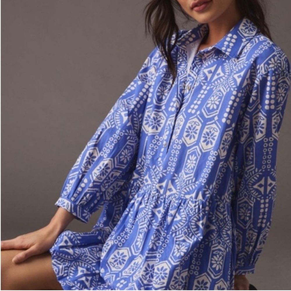 Anthropologie Blue and White Geometric Long Sleeve Dress
